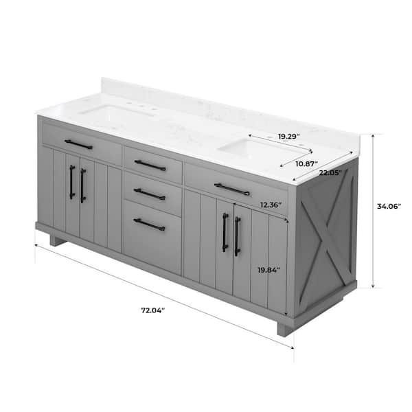 72 in. Gray Wood Double Sink Freestanding Bathroom Vanity with White Marble Top (Assembled)