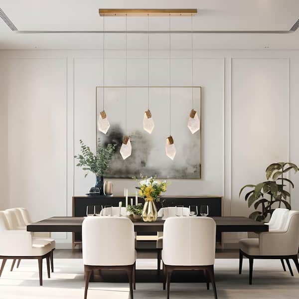 Fracture 5-Light Integrated LED Plated Brass Island Chandelier with Irregular Textured Resin Panels for Dining Room
