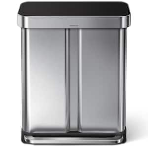 58 Liter Rectangular Dual Compartment Step Trash Can with Black Plastic Lid, Brushed Stainless Steel