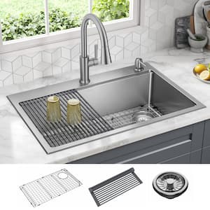 Emery 33 in. Drop-In/Undermount Single Bowl 18 Gauge Stainless Steel Kitchen Workstation Sink with Accessories