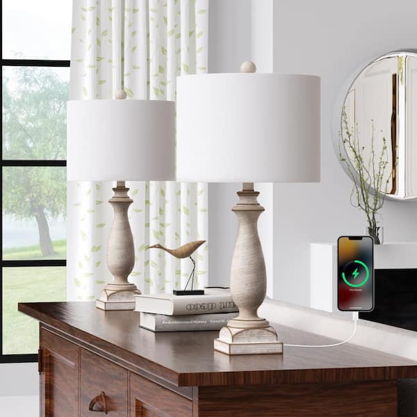 26.6 in. Beige Vintage Dimmable Resin Bedroom Living Room Bedside Desk Nightstand Table Lamps USB Port (Set of 2)