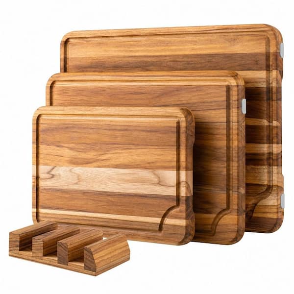 3-Piece Teak Wood Cutting Board Set with Built-in Handles and Holder, Build-in Groove, Non Slip Feet, Non Toxic