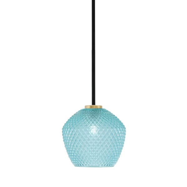 Unbranded Elonia 100-Watt 1 Light Matte Black & Brass Stem Mini Pendant Light with 9 in. Turquoise Textured Glass Shade