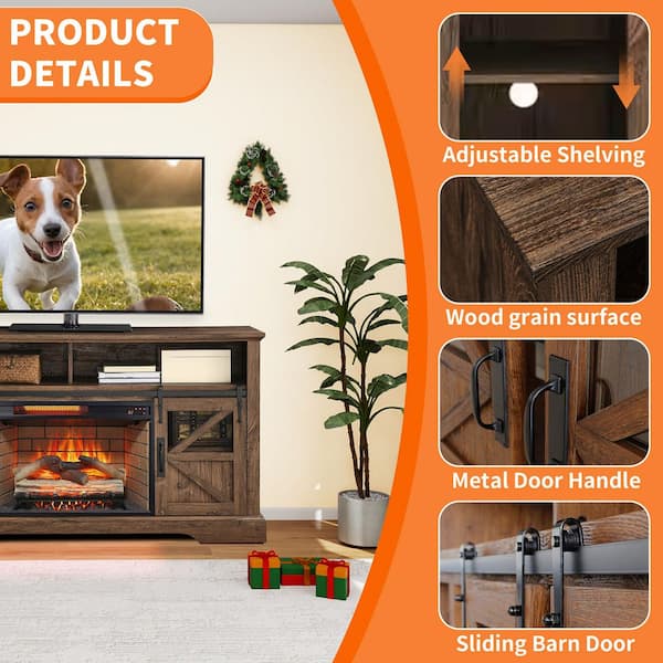 ToolCat 60 in. Freestanding Electric Fireplace TV Stand in Brown