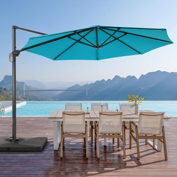 JOYESERY 11 ft. Aluminum Cantilever Patio Umbrella with a Base/Stand, Outdoor Offset Hanging 360-Degree Rotation in Lake Blue