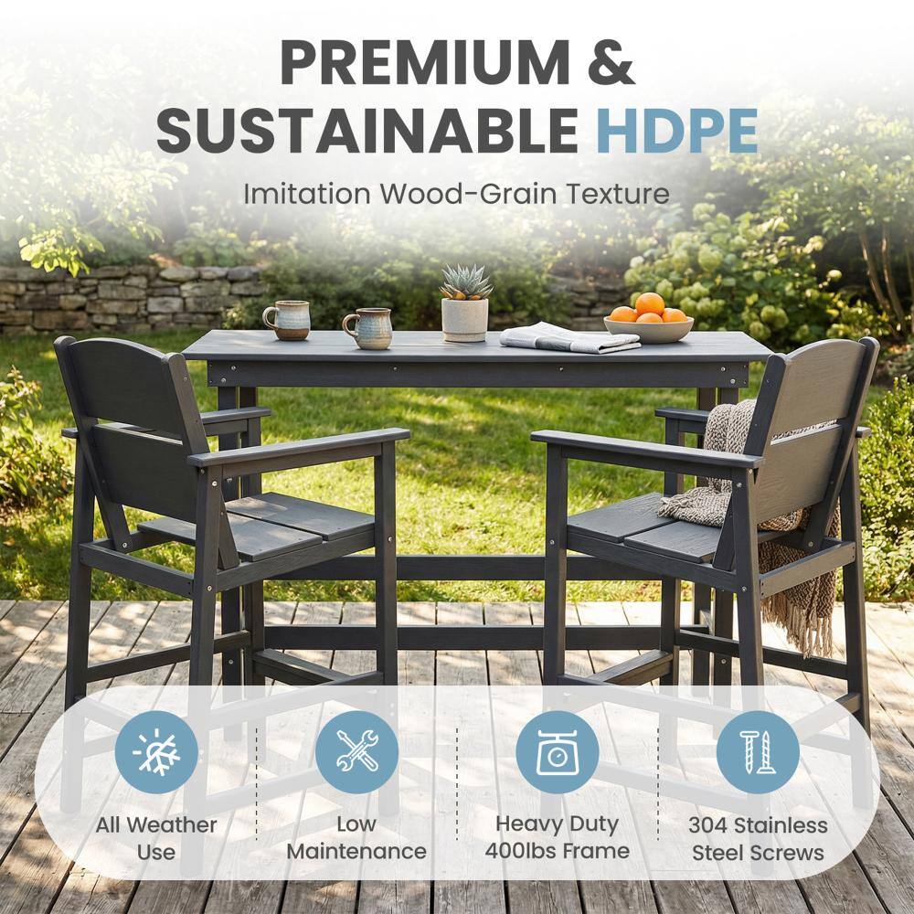 Two gray HDPE plastic outdoor bar stools with a wood-grain texture.