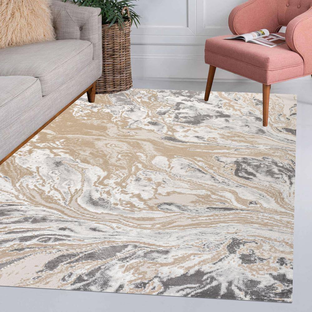 Beige and Ivory Marbled Abstract 4x6 Area Rug