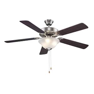 52 in. Indoor Brushed Nickel Traditional 3-Light Ceiling Fan with Light, Pull Chains, and 5 Reversible Blades