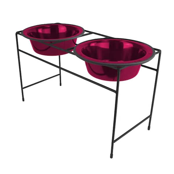 Platinum Pets Modern Double Diner Feeder with Stainless Steel Cat/Dog Bowls, Raspberry Pop