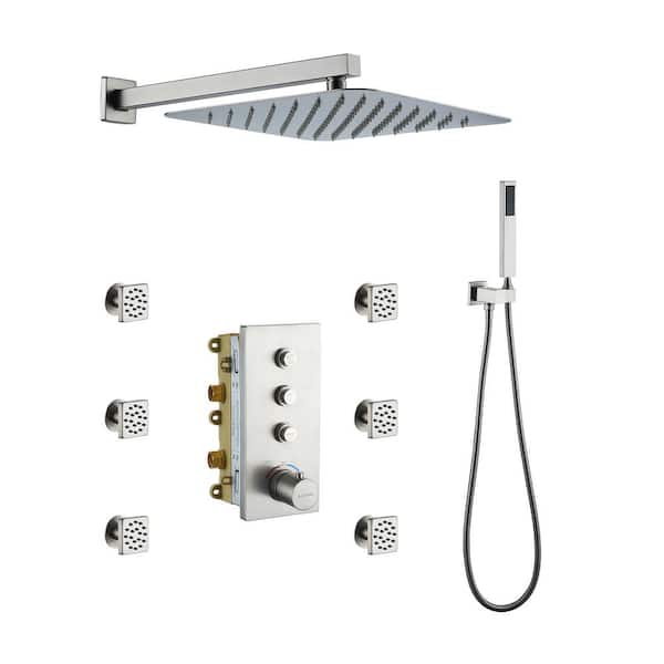 Boyel Living Thermostatic 12 in. 1-Spray Dual Wall Mount Fixed and Handheld Shower Head 1.8 GPM with 6 Body Jets in Brushed Nickel
