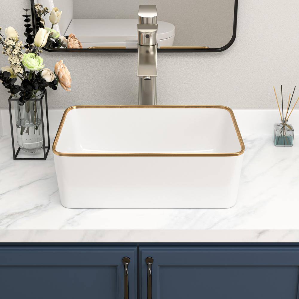 19" White Ceramic Rectangular Vessel Sink with Gold Rim