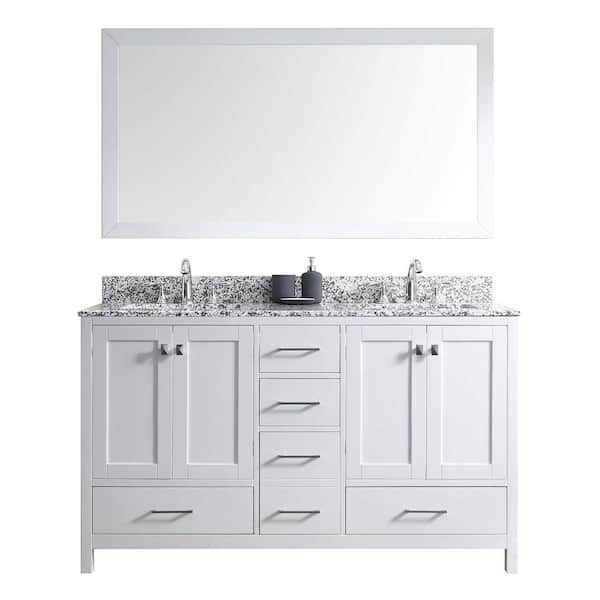 Virtu USA Caroline Madison 60 in. W Bath Vanity in White with Granite Vanity Top in Arctic White with Square Basin and Mirror