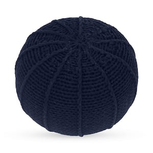 Aeris Navy Upholstered Cotton Yarn Round Hand-Knitted Pouf