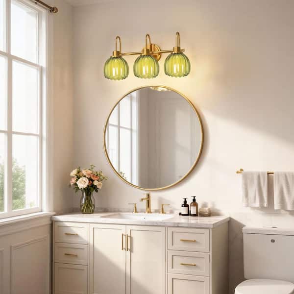 20 in. 3-Light Gold Vanity Light, Elegant Bathroom Wall Light Over Mirror with Green Tulip Glass Shade for Bedroom