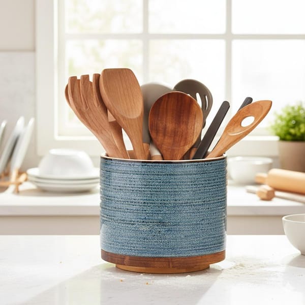 Blue Ceramic Kitchen Utensil Holder Extra Large Rotating Stable Crock for Countertop with Weighted Base 7.6 in.