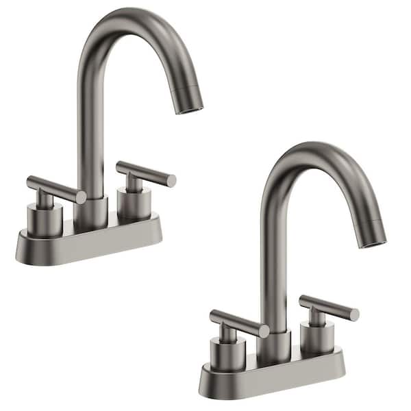 GRANDJOY 4 in. Centerset 2 or 3-Hole Double Handle High Arc Bathroom Faucet 1.0 GPM in Brushed Nickel with Pop-Up Drain (2-Pack)