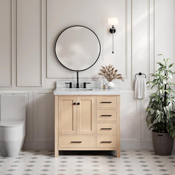 ARIEL Cambridge 36 in. W x 22 in. D x 36.5 in. H Single Freestanding Bath Vanity in Oak with Italian Carrara Marble Top
