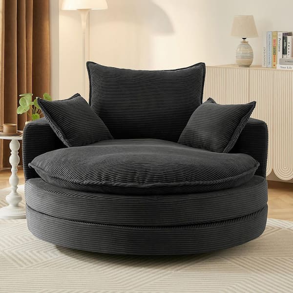 Black Corduroy 360° Swivel Sofa Chair Accent Barrel Chair with Dual-Layer Cushion Design
