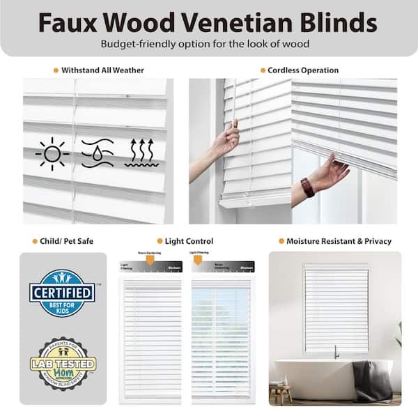 Home Decorators Collection White Cordless Faux Wood Blinds for Windows with  2 in. Slats - 39 in. W x 48 in. L (Actual Size 38.5 in. W x 48 in. L)  10793478298440 - The Home Depot
