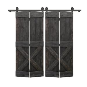 40 in. x 84 in. Mini X Solid Core Charcoal Black Stained DIY Wood Double Bi-Fold Barn Doors with Sliding Hardware Kit