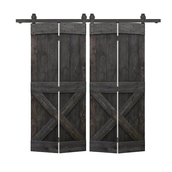 CALHOME 40 in. x 84 in. Mini X Solid Core Charcoal Black Stained DIY Wood Double Bi-Fold Barn Doors with Sliding Hardware Kit