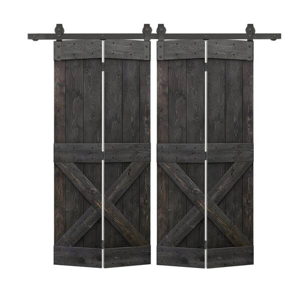 CALHOME 52 in. x 84 in. Mini X Series Charcoal Black Stained DIY Wood Double Bi-Fold Barn Doors with Sliding Hardware Kit