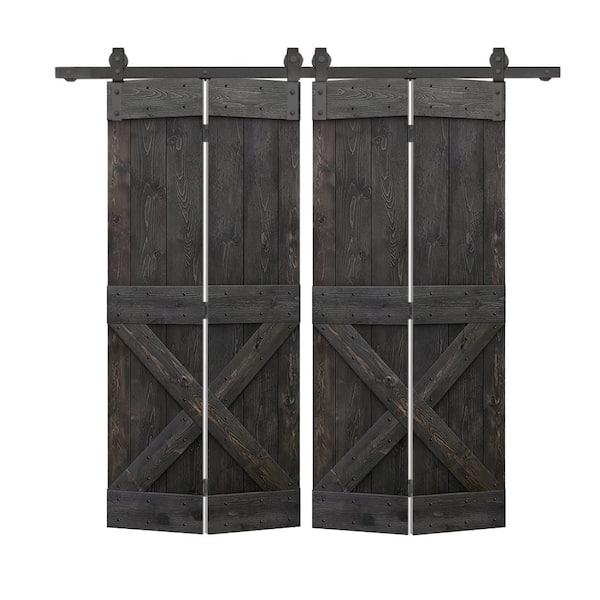 72 in. x 80 in. Mini X Series Solid Core Charcoal Black Stained DIY Wood Double Bi-fold Doors with Sliding Hardware Kit
