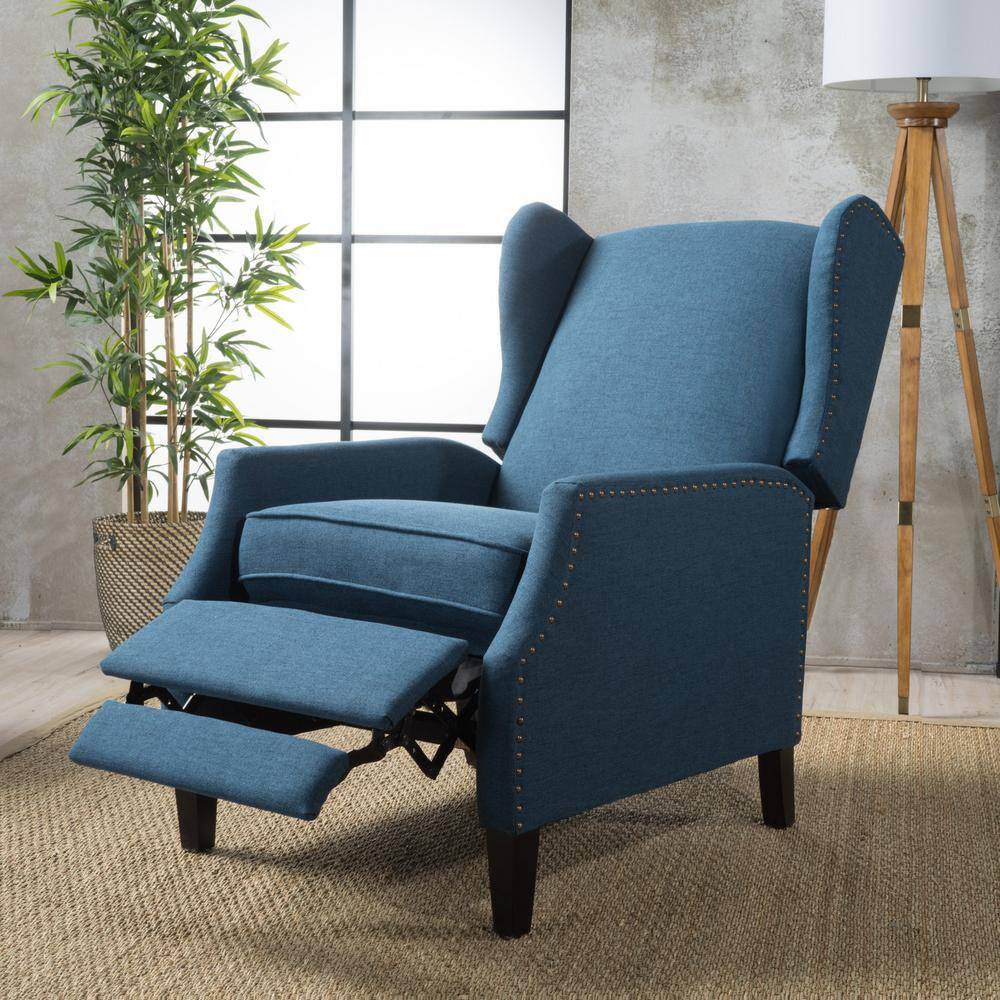 Navy Blue Handcrafted Wood Wing Chair Recliner