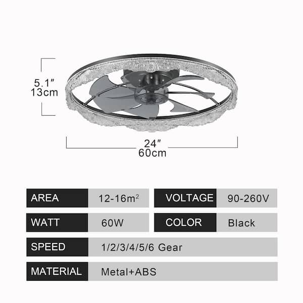 Virella 24 in. LED Indoor Black Bladeless Flush Mount Low Profile Ceiling Fan with Dimmable, 3-CCT, DC Motor, Remote