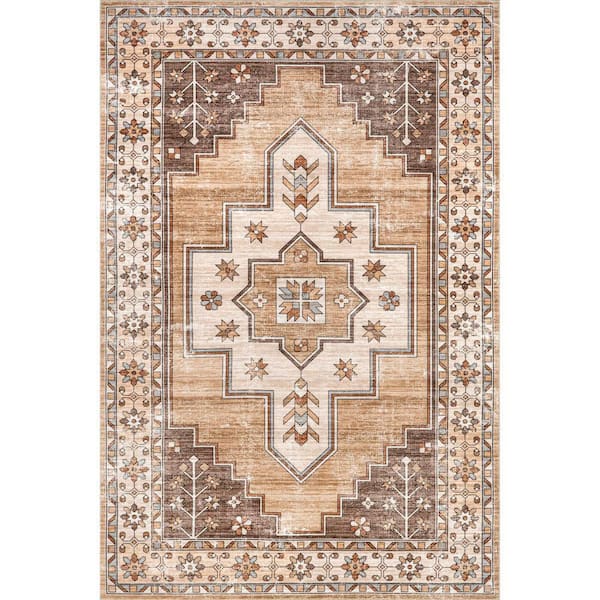 Laurel Medallion Machine Washable Sand 5 ft. x 8 ft. Indoor/Outdoor Patio Rug