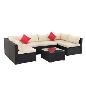 7-Piece PE Wicker Outdoor Patio Conversation Sofa with Beige Foam Cushions