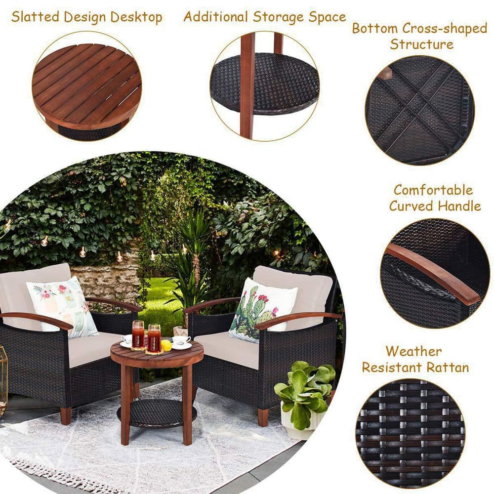 Beige Acacia Wood and Rattan Outdoor Bistro Set
