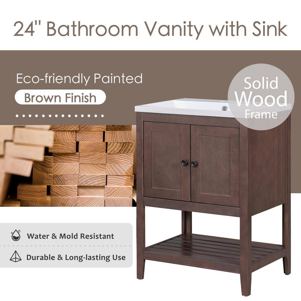 24" Brown Solid Wood Bath Vanity with White Ceramic Sink