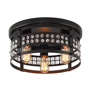 13.4 in. 3-Light Modern Industrial Matte Black Drum Flush Mount with Clear Crystals
