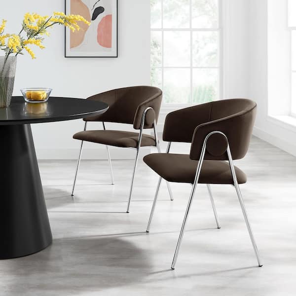Nella Performance Velvet Barrel Dining Chairs (Set of 2) in Chocolate Brown