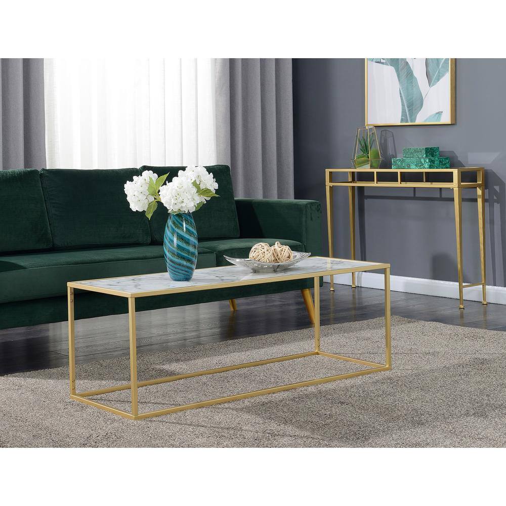 Gold Faux Marble Rectangular Coffee Table with Metal Frame