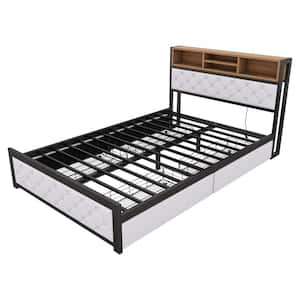 White Metal Frame Full Size Platform Bed with USB Port and 4-Drawers