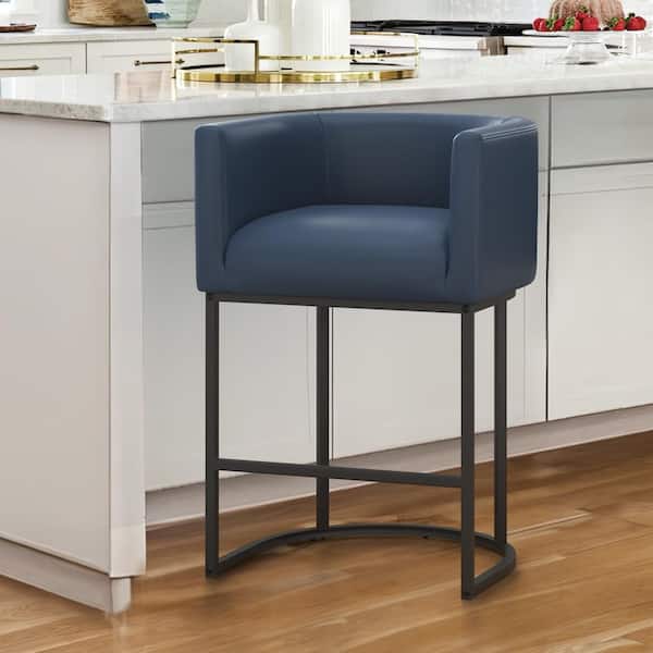 LUE BONA 26 in.Navy Low Back Bar Stool with Metal Frame Counter Height Faux Leather Upholstered Counter Stool Set of 1