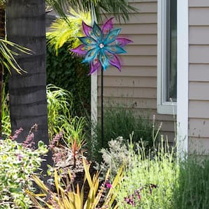 64 in. Tall Outdoor Floral Windmill Stake with Gems Kinetic Spinner, Purple and Aqua