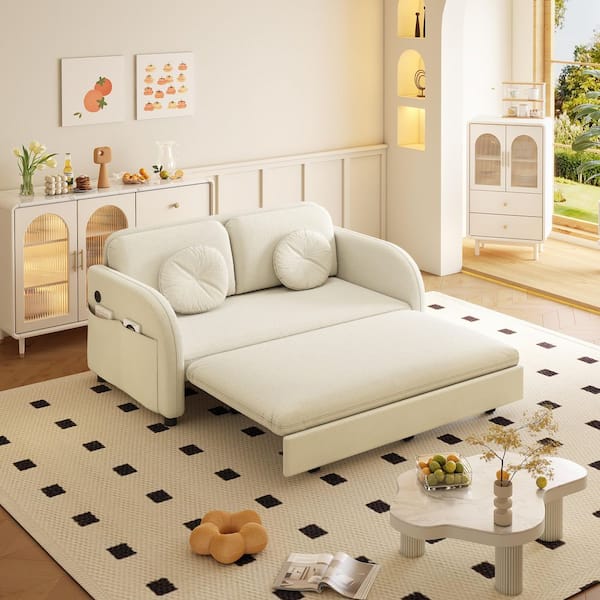 Seafuloy Beige Chenille Convertible Full Size Sofa Bed with USB