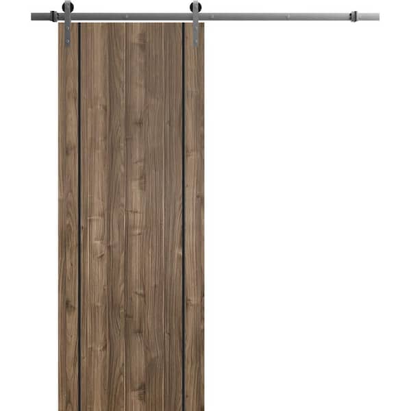 Sartodoors 24 in. x 80 in. 1 Panel Walnut Solid Wood with Honeycomb Sliding Barn Door with Hardware Kit
