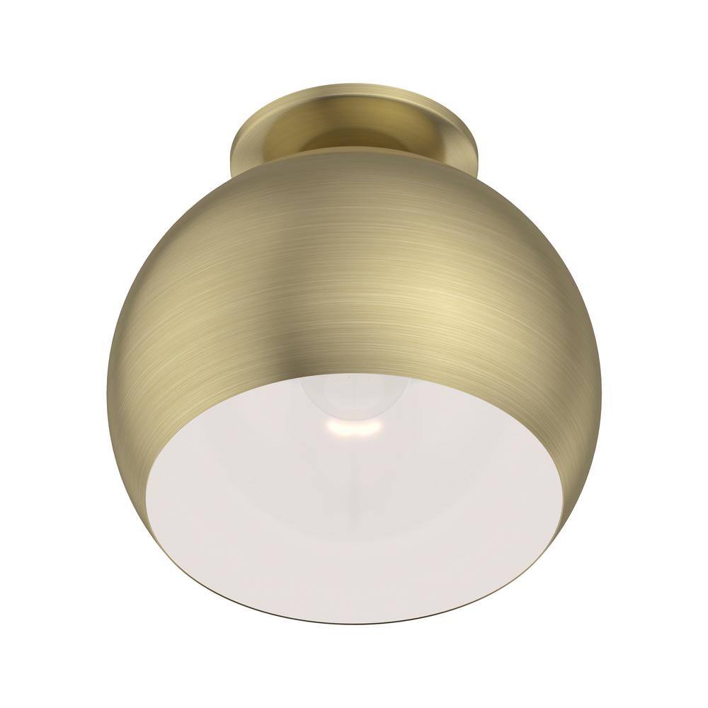 Elegant Antique Brass 1-Light Flush Mount with White Interior