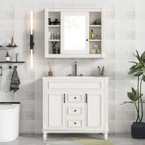 35.1 in. W x 18.1 in. D x 34 in. H Freestanding Bath Vanity in White with White Resin Top Single Sink and Mirror Cabinet