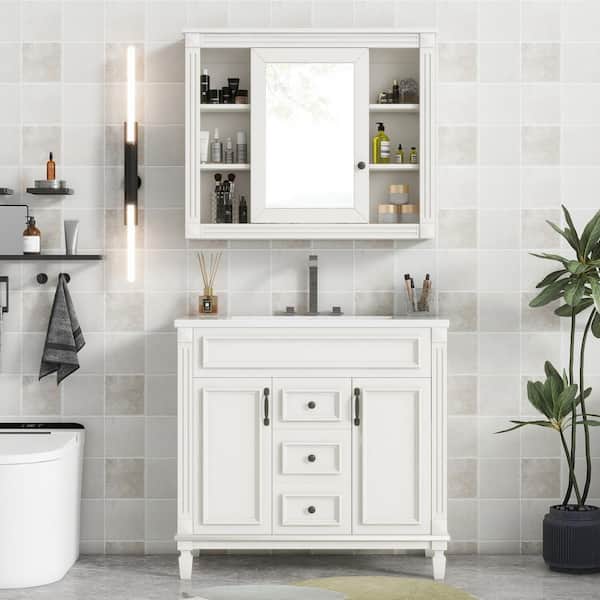 Bnuina 35.1 in. W x 18.1 in. D x 34 in. H Freestanding Bath Vanity in White with White Resin Top Single Sink and Mirror Cabinet