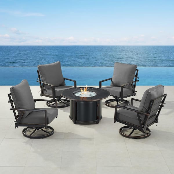 Oakland Living Black 7-Piece Aluminum Patio Fire Pit Set with 4-Club Chairs Black Cushions