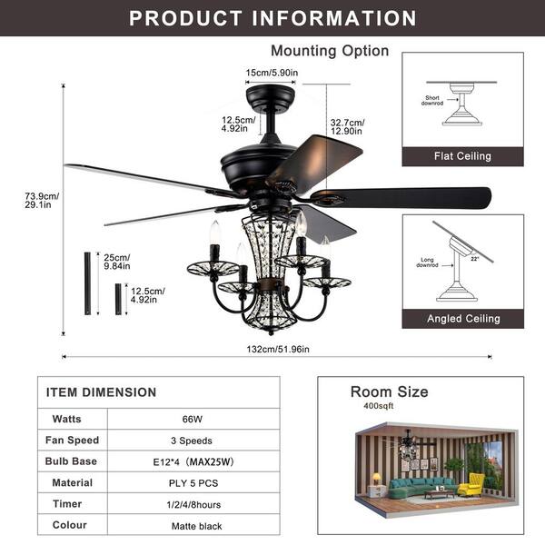 Staykiwi 52 in. Smart Indoor Matte Black Crystal Ceiling Fan