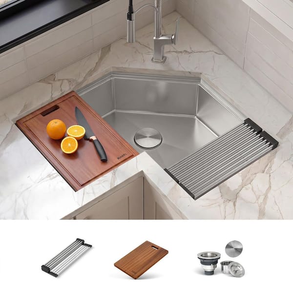 Roma Pro 32 in. Undermount Single Bowl 16-Gauge Stainless Steel Corner Workstation Kitchen Sink with Accessories