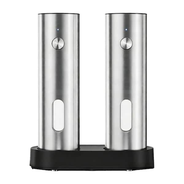 Stainless Steel Electric Salt and Pepper Grinder Set with Rechargeable Base LED Light Adjustable Coarseness for Kitchen