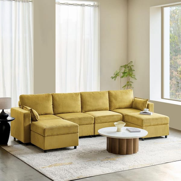 Albert Modern 123.03 in. W Upholstered 6-Piece Polyester Sectional Sofa in. Mustard with Storage