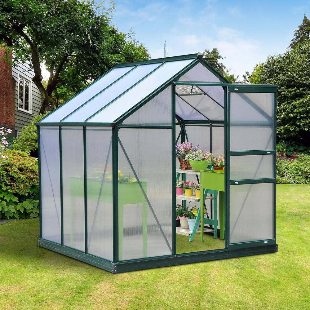 Outsunny Green Polycarbonate Walk-In Garden Greenhouse with Aluminum Frame